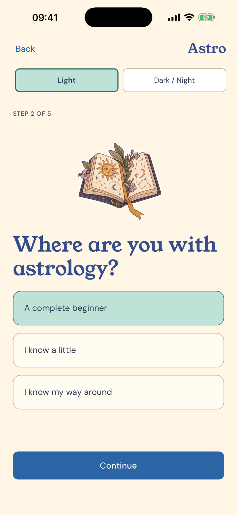 The actual onboarding screen asking where you are with astrology, with beginner, some knowledge, and experienced options.