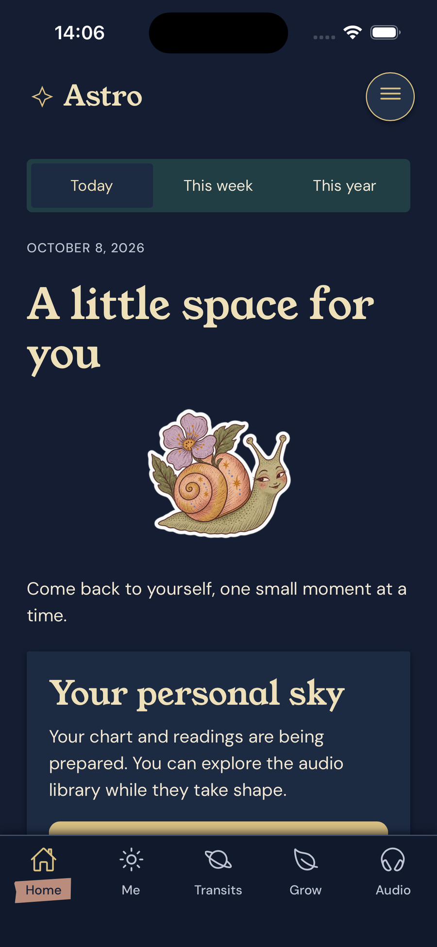 The actual Dark / Night edition of the app, with navy background and warm cream text.
